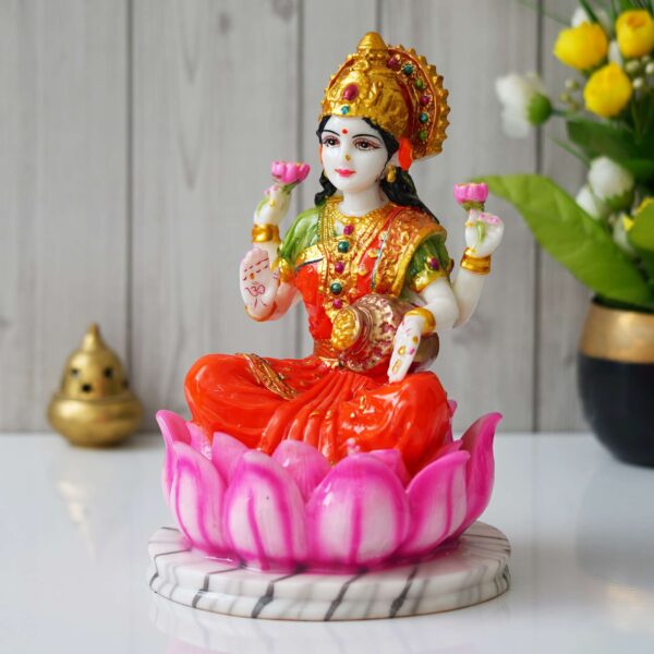 Hindu Goddess Lakshmi Statue Sitting on Lotus Flower (10.5 Inch) - Image 4